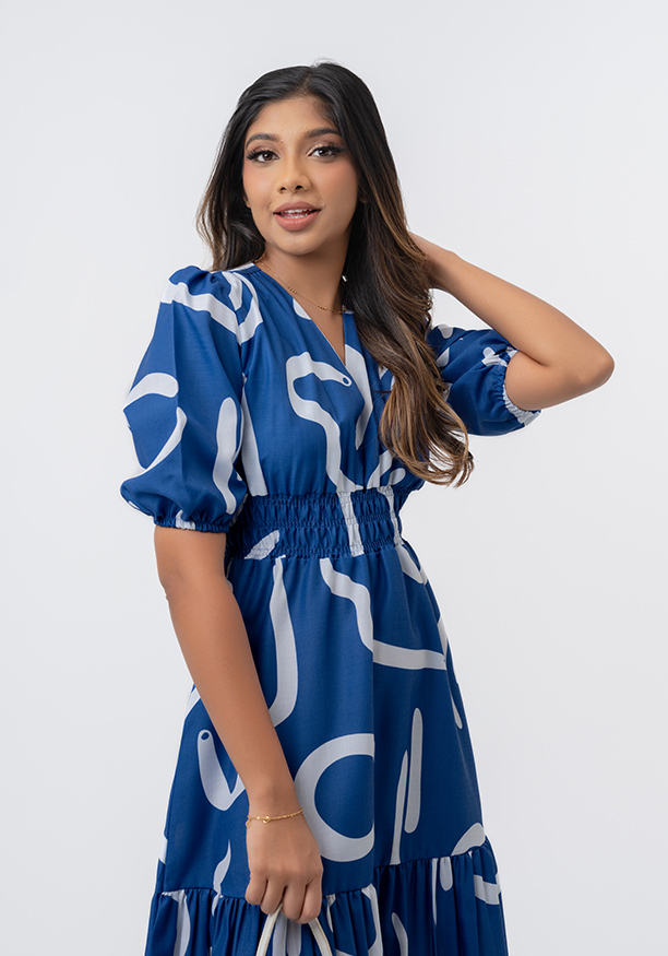 LOLA V NECK BLUE PRINTED DRESS